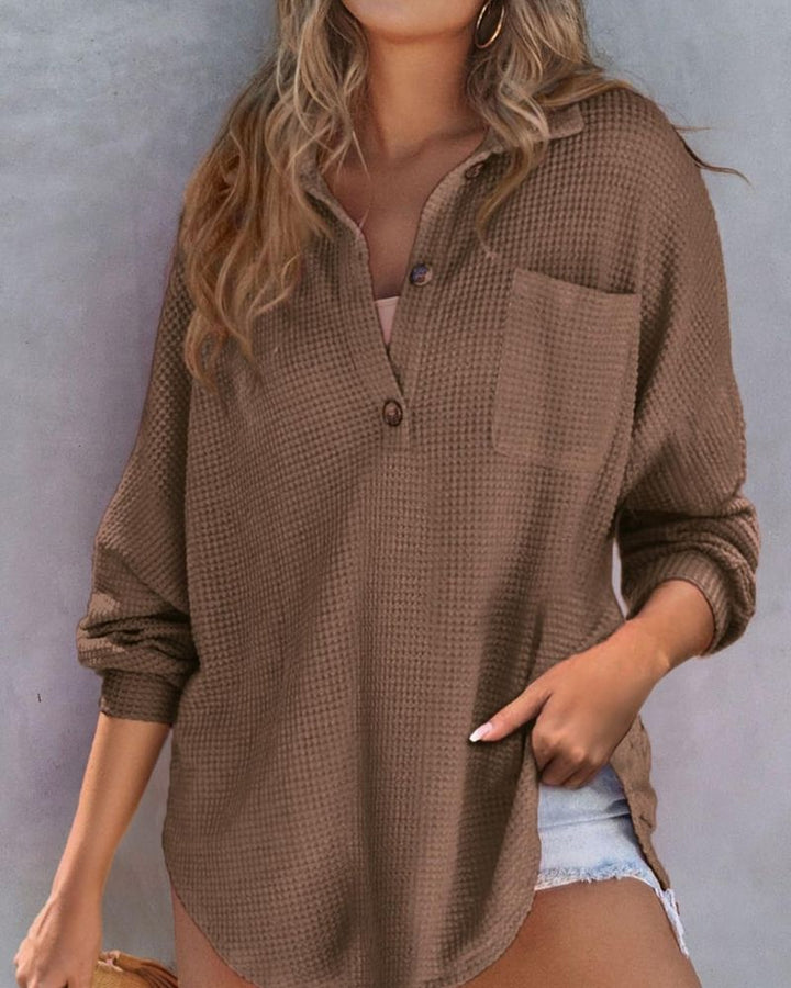 TAHLIA - Waffle Knit V Neck Shirt