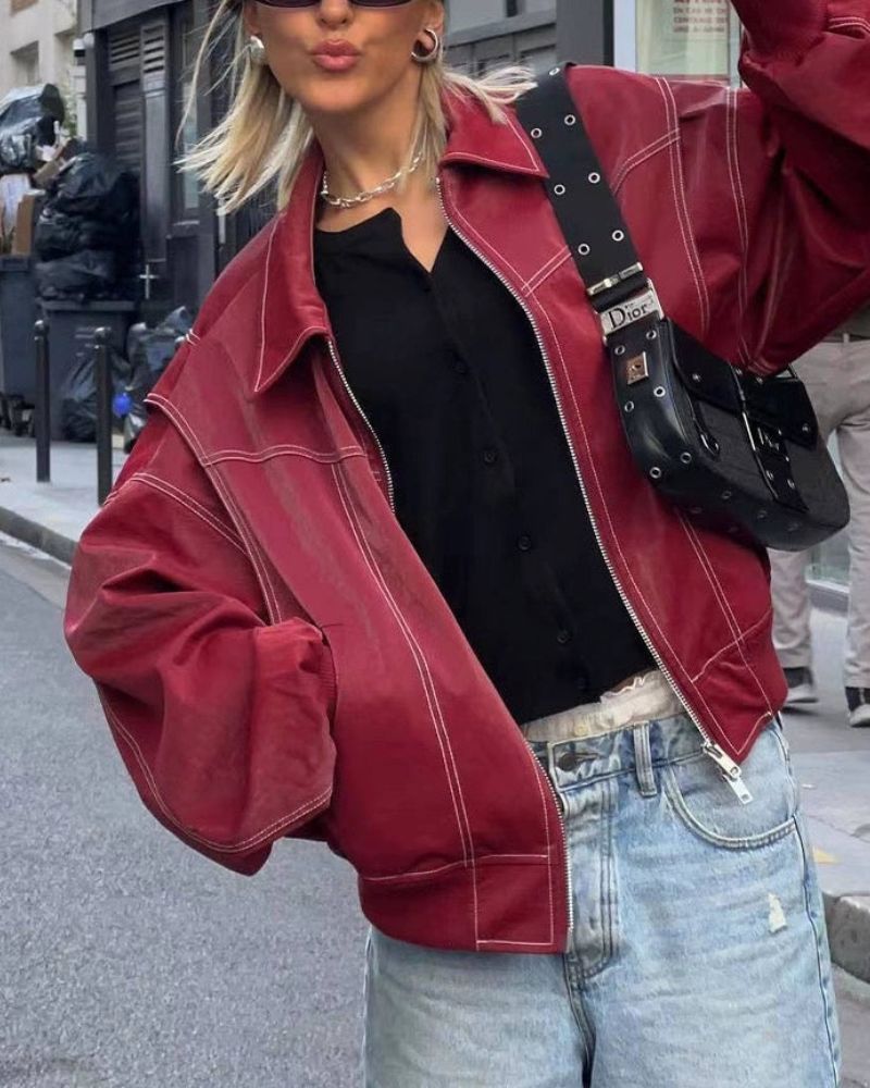 TAYLA - Oversized Stitch Leather Jacket