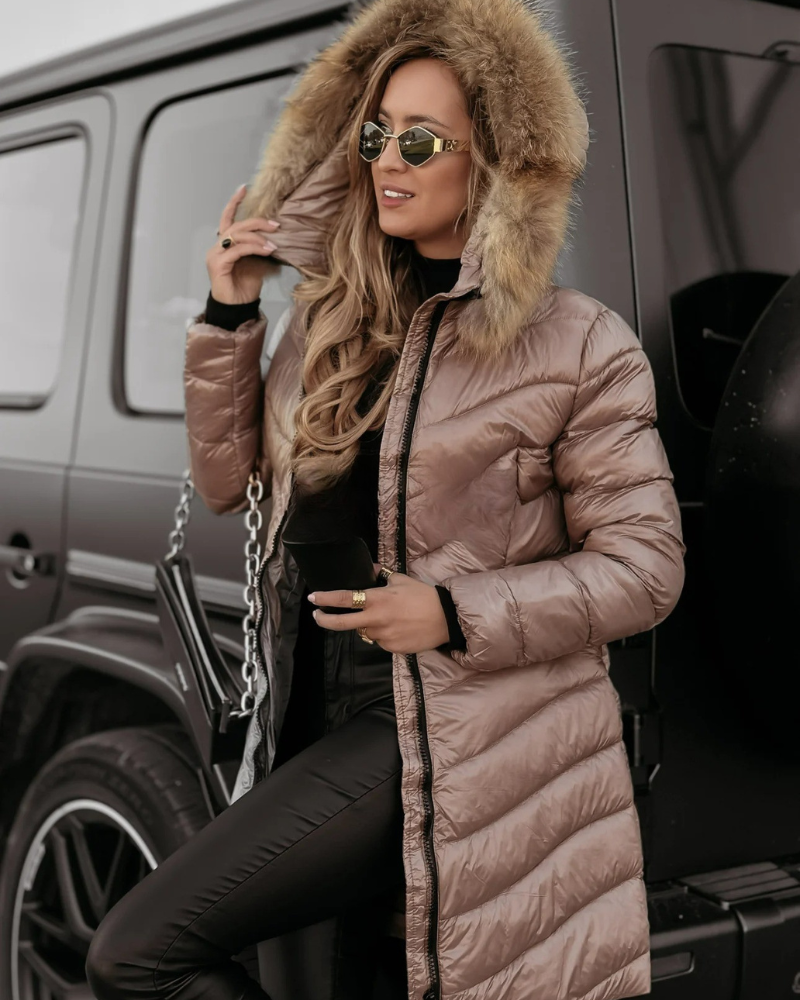 ANAMAIA - Long Warm Cotton Coat with Fur Collar