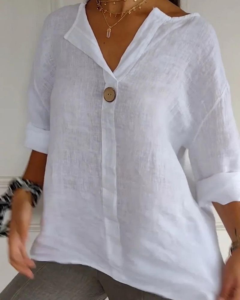 ARAI - V - Neck Cotton And Linen Button Top