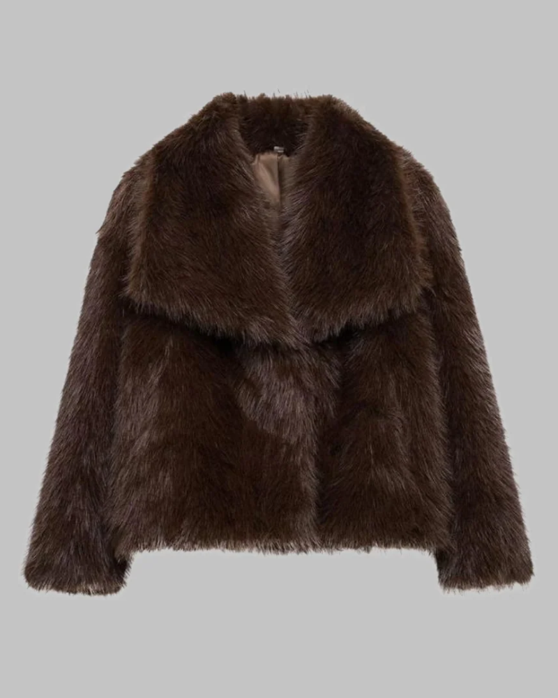 ALYME - Classy Long Sleeve Collared Fuzzy Coat