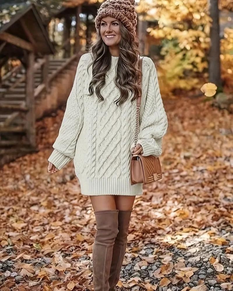 DARENA - Cable Knit Long Sleeve Dress