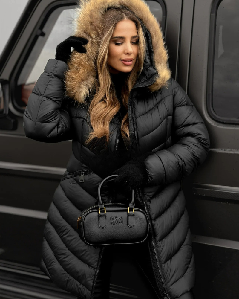 ANAMAIA - Long Warm Cotton Coat with Fur Collar