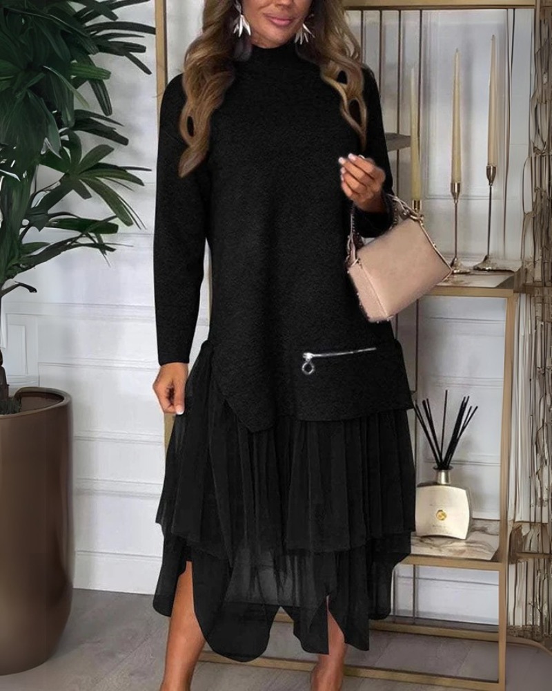 TAYLOR - Knit Turtleneck Zip-up Top and Elastic Loose Skirt Set